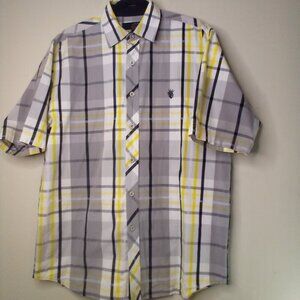 CLH Shirt Mens L Short Sleeve Button Up Y2K 90s Plaid Gray Black Yellow